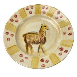 Vintage Folk Art Hand Painted Glazed Studio Pottery Llama Alpaca Plate 10.5"